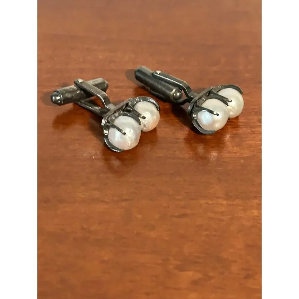 Vintage 925 Sterling Silver Natural Baroque Pearl Cufflinks Men's Formalwear